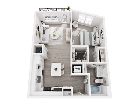 Floor plan layout of 724 sf one-bedroom apartment with a balcony.